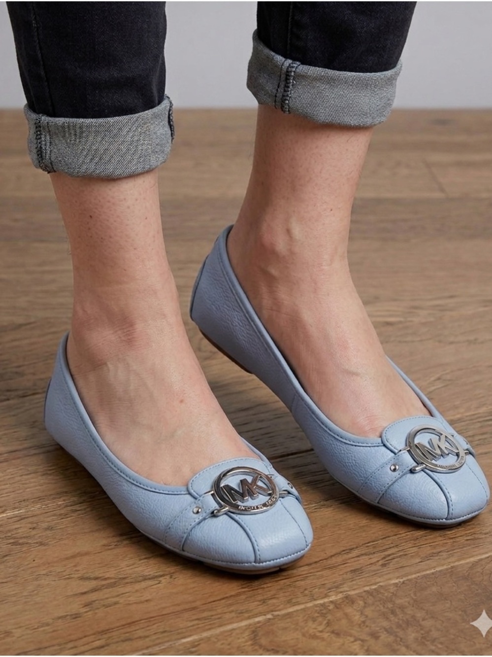 Michael Kors Fulton Ballet Flats Light Blue Leather MK Logo Women’s Size 8